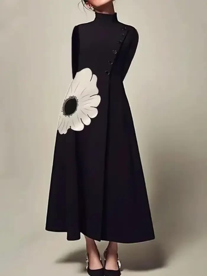 Bonboho-Robe de soirée plissée à manches longues pour femme, imprimé floral, col montant, taille hau