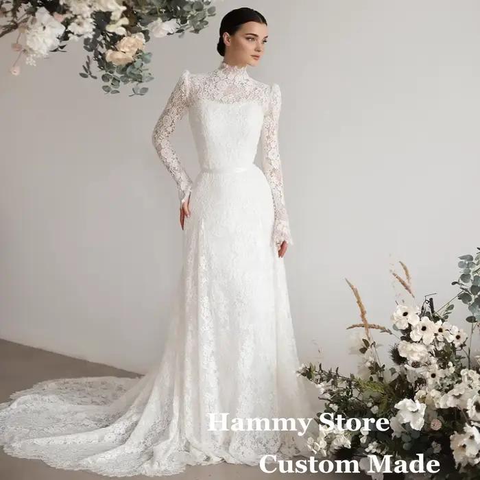 Robe de mariée sirène élégante en dentelle pour femme, col haut, train de balayage, dos, fermeture é