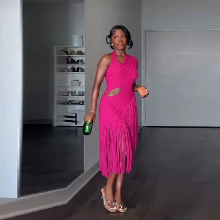 Robe Chic Vintage Tendance et Élégante à Volants et Franges pour Femme – Robe Longue Tricotée Glamou