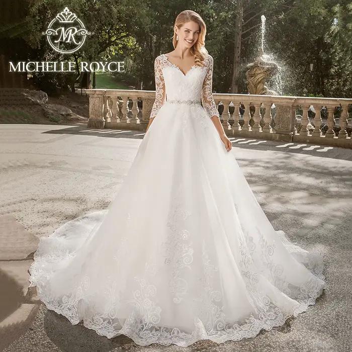 Michelle Royce-Robe de mariée avec ceinture perlée, robe de Rh, manches trois quarts élégantes, trai