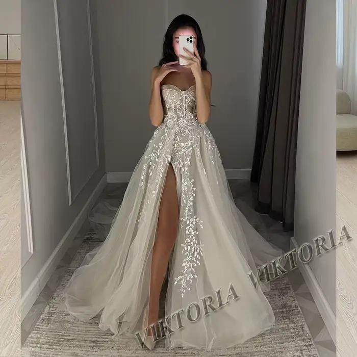 VIKTORIA élégant chérie robes De mariée pour Mariages haute fente Tulle Appliques une ligne sans man