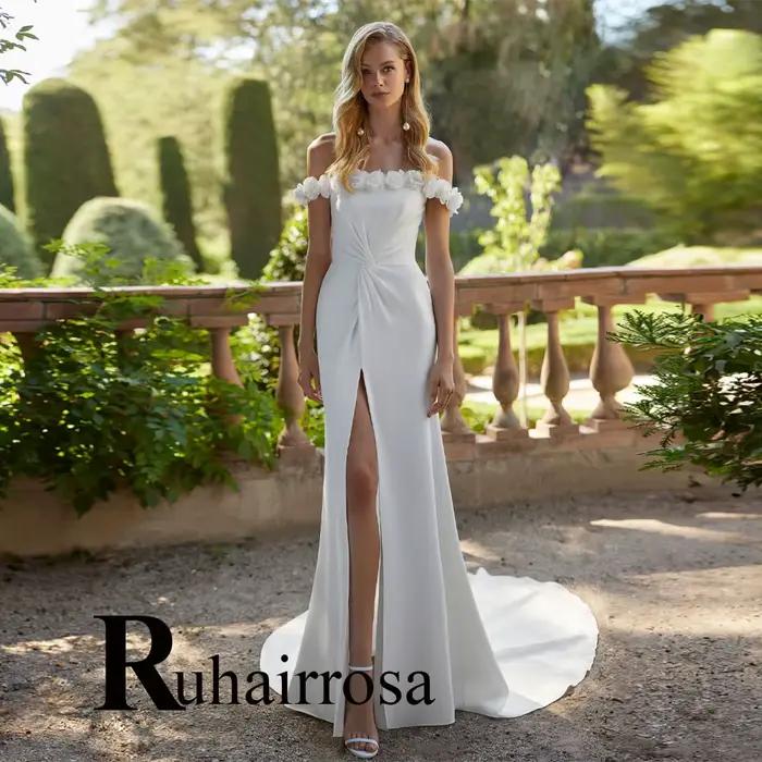Ruhair Elegant Wedding Dress for Women Off the Shoulder Button High Slit Trumpet Pleat Flower Robe D