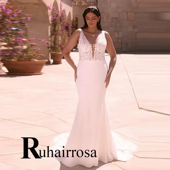 Ruhair robes De mariée fantaisie pour mariée trompette sans manches Appliques bouton Court Train Rob