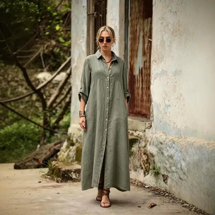 Robe chemise décontractée pour femme 2026 style Old Money, ample, boutonnée, avec poches, manches mi