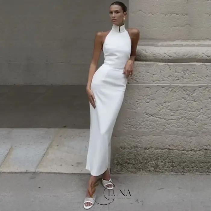 Robe de mariée sirène simple et personnalisée Luna, couleur ivoire, élégante, col montant, sans manc