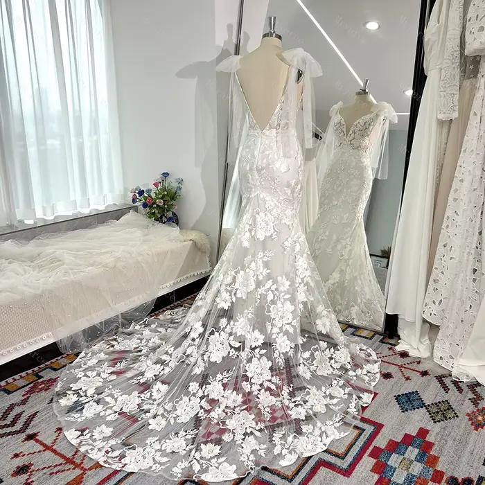 Mryarce – robe de mariée sirène en dentelle brodée à paillettes plongeantes, sans manches, avec nœud