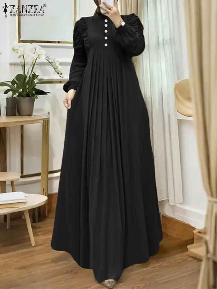 ZANZEA musulman modeste Maxi Robes femmes élégant volants garniture à manches longues plissé Abaya R