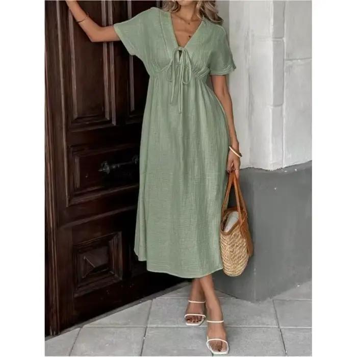 Robe Corset élégante et Chic pour femmes, col en V, manches courtes, longue, avec plis, pour fête de