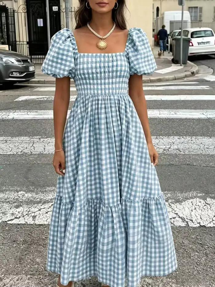 Robe longue décontractée à carreaux pour femme, col carré, manches bouffantes, ourlet à volants étag