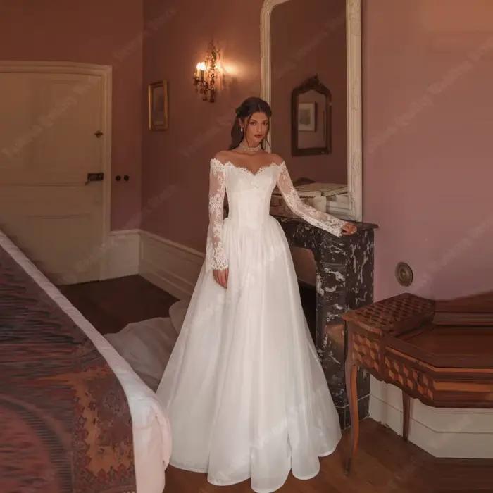 Robes De mariée romantiques pour femmes, épaules dénudées, manches longues en dentelle, longueur De 
