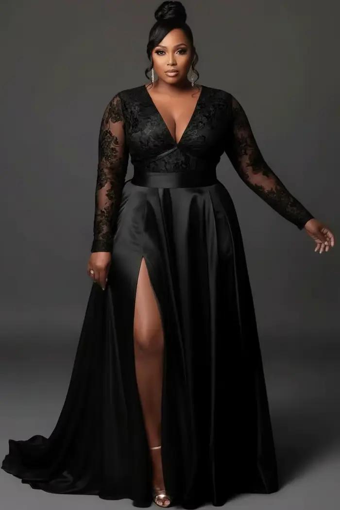 Plus Size Formal Evening Dress for Women's V Neck Long Sleeve Split See Through Lace Satin Elegant H