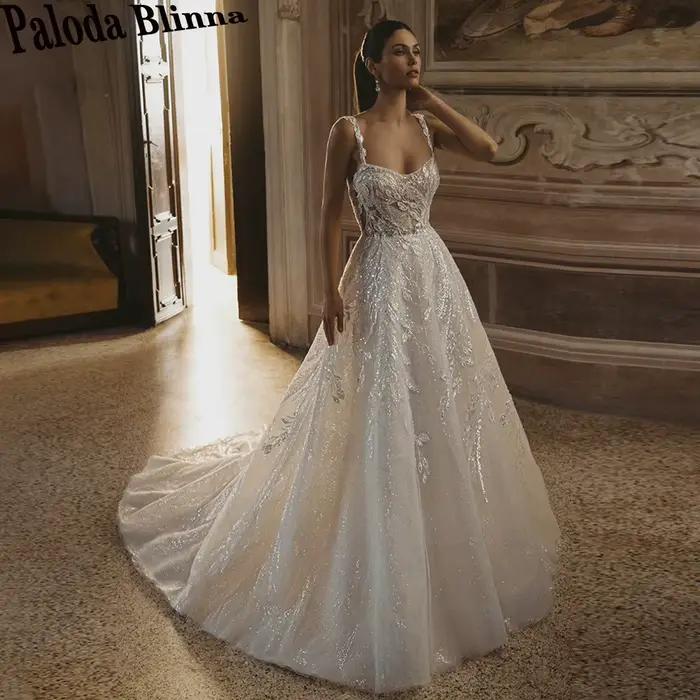 Paloda-Robes de mariée A-ligne personnalisées pour les patients, bretelles spaghetti, train de balay