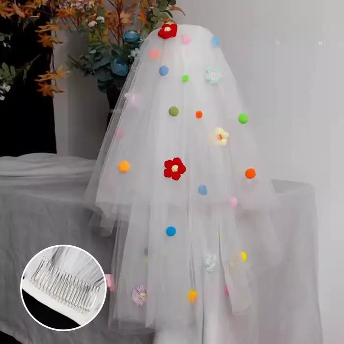 Voile de mariée en tulle à pompons 2026 avec clip, décor papillon, coiffe de mariée colorée, voile b