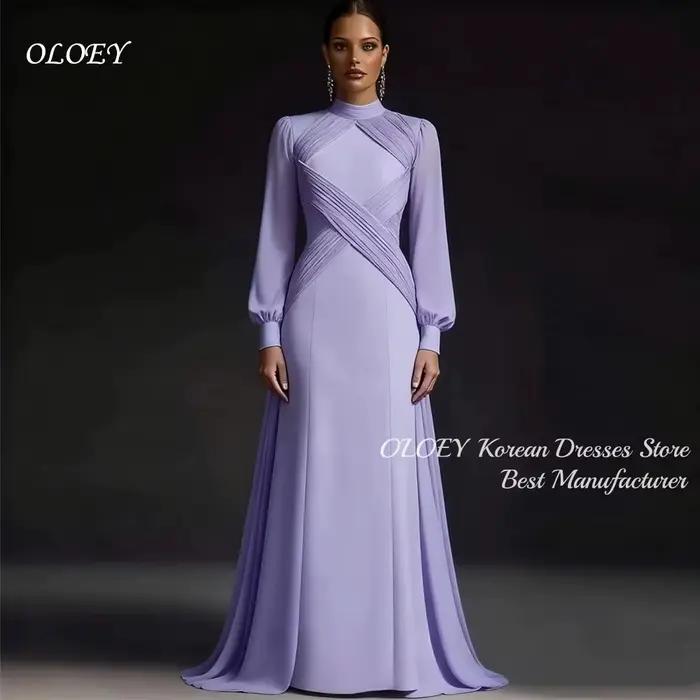 OLOEY Robe de soirée sophistiquée lavande à col montant, manches longues, corsage drapé, plissée, lo