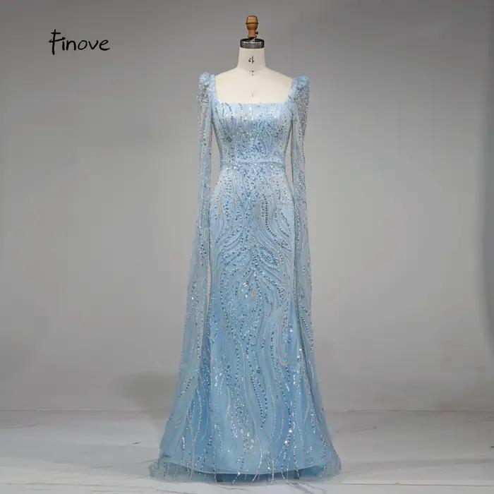 Robe de soirée sirène bleue, motif abstrait, col carré, exquise, longueur au sol, manches longues, p