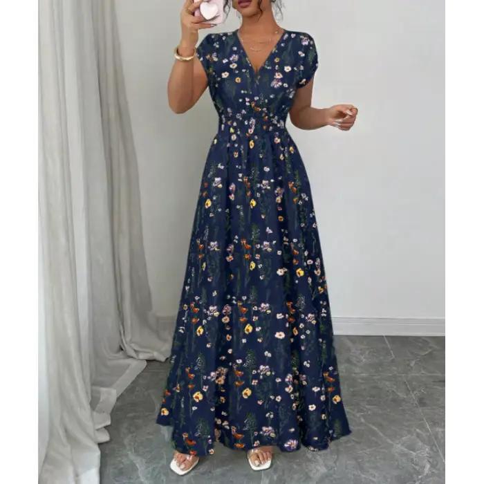 Robe longue élégante à col en V style français, taille cintrée, jupe trapèze, manches courtes, taill