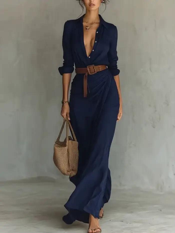 Robe longue kaki pour femme à col revers et manches longues, style chemise, ceinturée, drapée, fluid