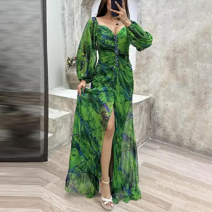 Robes de soirée de mariage longues pour femmes dames rassemblant plissé à manches longues robe forme