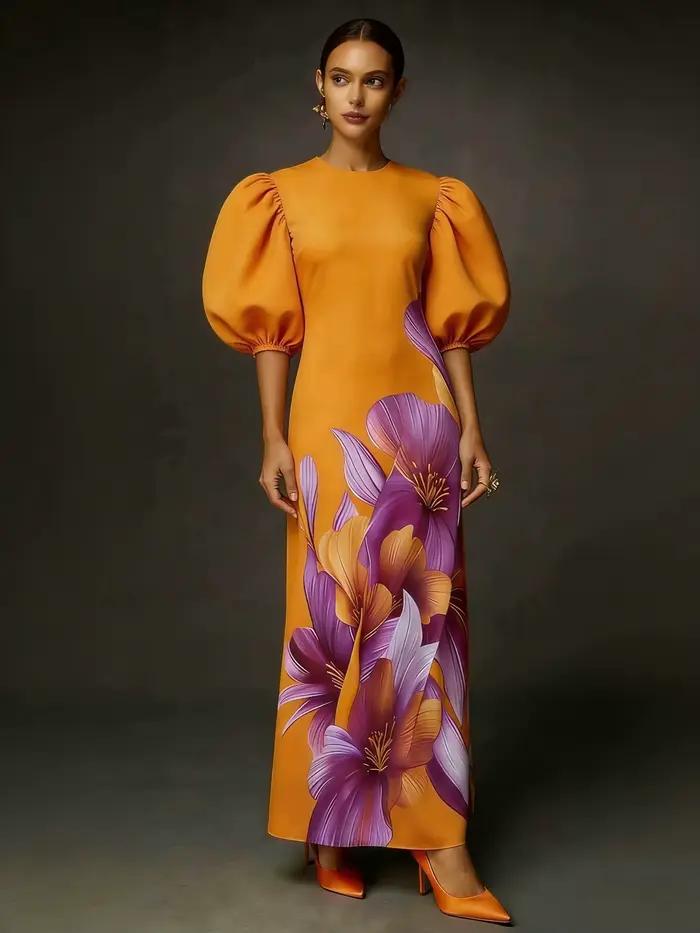 Nouveaux vêtements d'été pour femmes : robe longue imprimée élégante orange avec manches bouffantes 