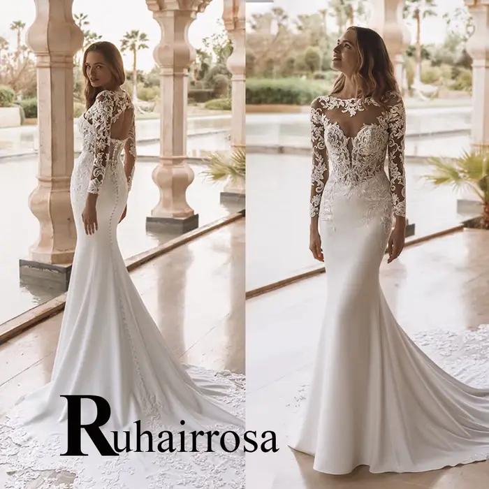 Ruhair charmante trompette robes de mariée pour mariée dentelle Appliques col rond sans manches bout
