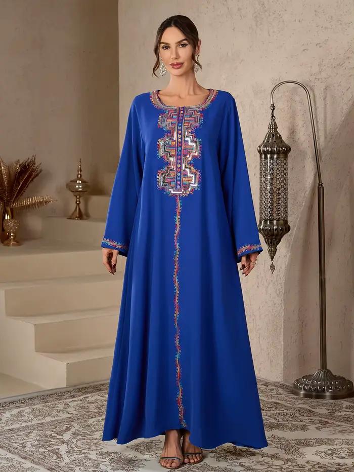 Robe Abaya islamique modeste pour femmes, broderie ethnique colorée, style marocain, col rond, robe 