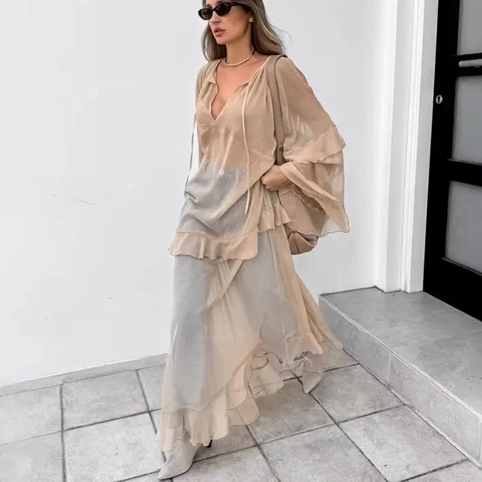 Kaki 2026 printemps et été nouvelle robe à volants bord mode crème solaire Blouse longue robe femmes