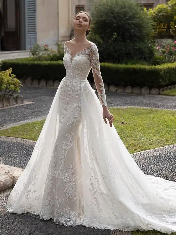 Robe de mariée SwanSarah à manches longues, traîne détachable, décolleté cœur, appliques, coupe sirè