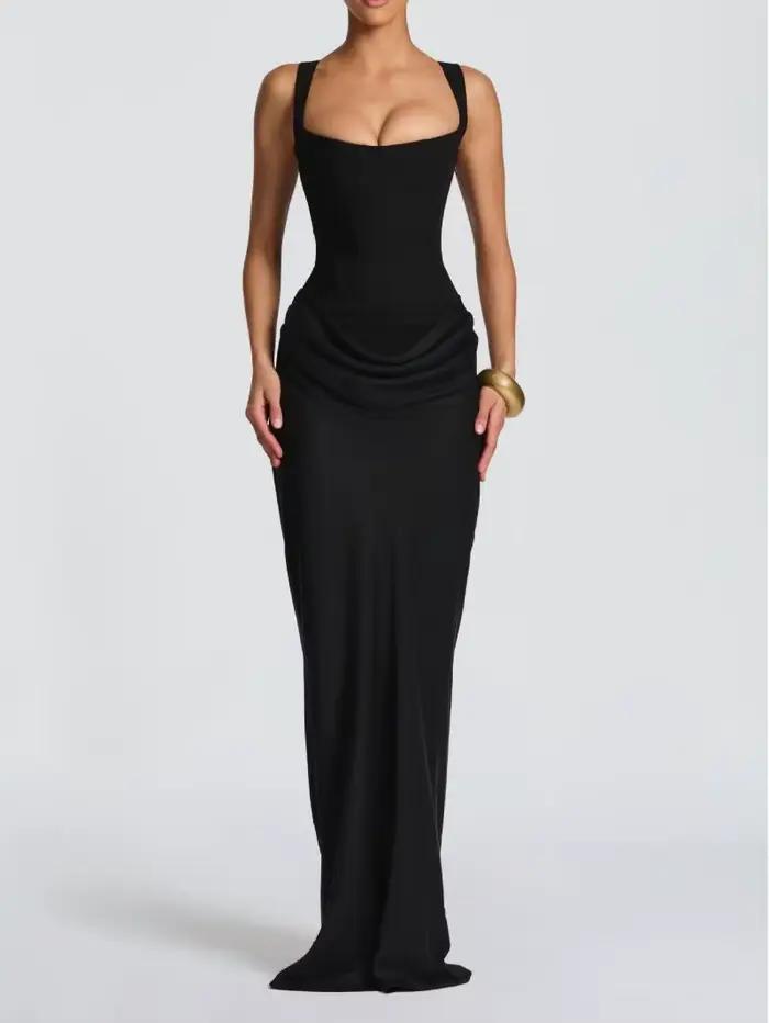 Nouvelle robe longue de style français avec coupe slim et bretelles en satin plissé, date élégante e