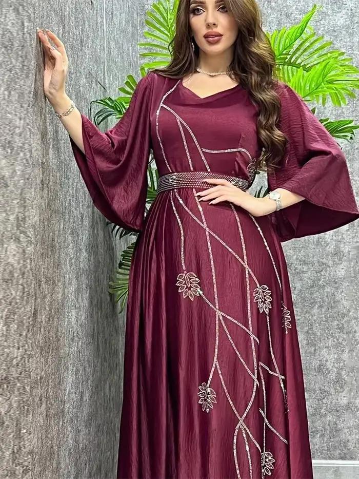 Robe musulmane turque pour femmes, Abaya, robe de soirée à lacets en diamant, ensemble caftan maroca