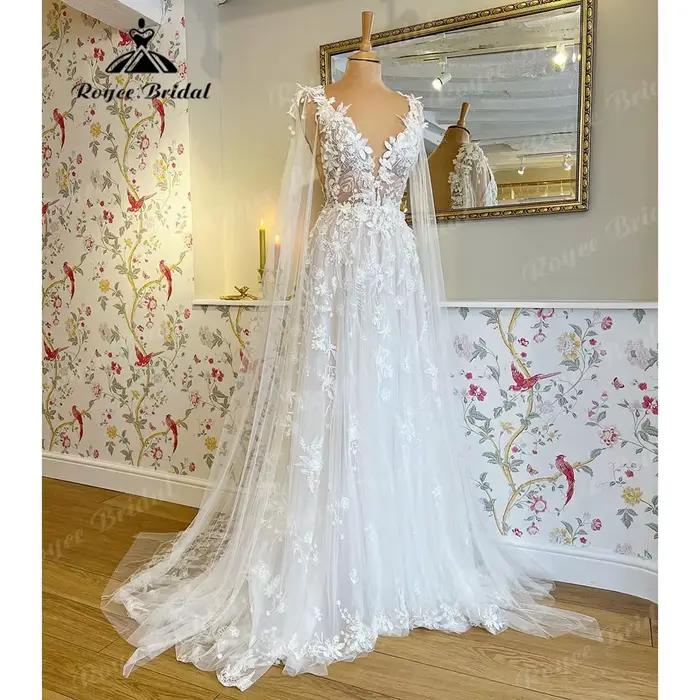 Robe de mariée romantique en dentelle florale, style féerique, pour la plage, avec col en V, robe de