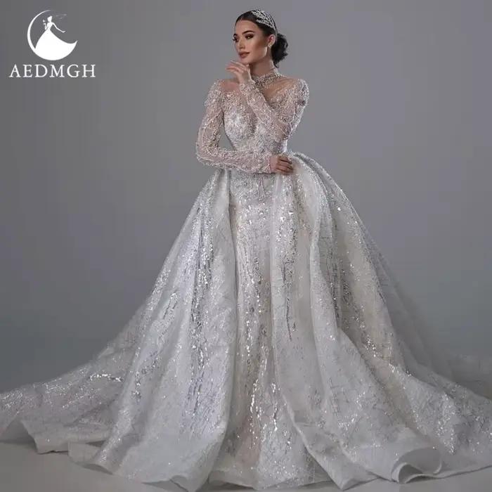 Aedmgh sirène robes De mariée Sexy col haut robe De Novia dentelle broderie détachable Train Vintage