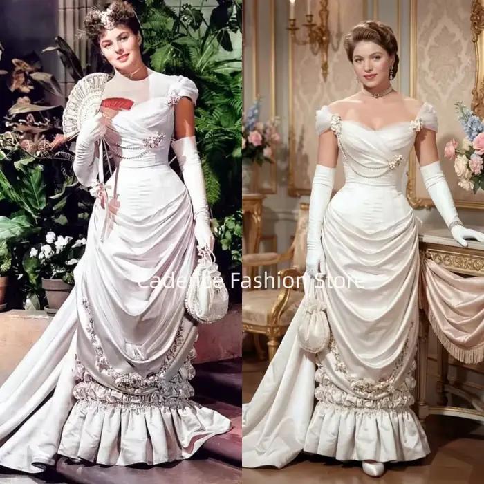 Robes de bal élégantes de style victorien, blanches, col en V, corset vintage, robes de soirée médié