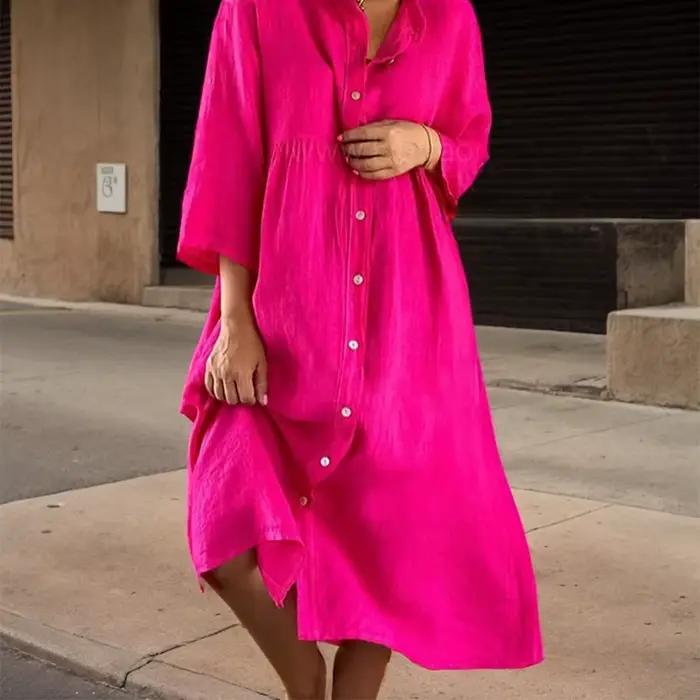 Robe trapèze boutonnée à manches longues et col rond pour femmes, monochromatique, élégante, mode fé