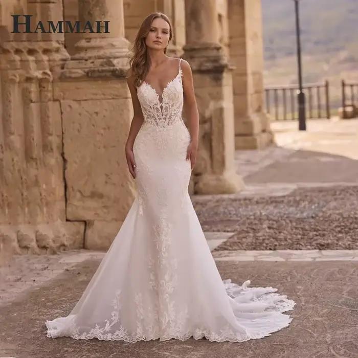 HAMMAH-Charmante robe de mariée à col en V pour mariée, sirène, dos nu, appliques en dentelle, brete