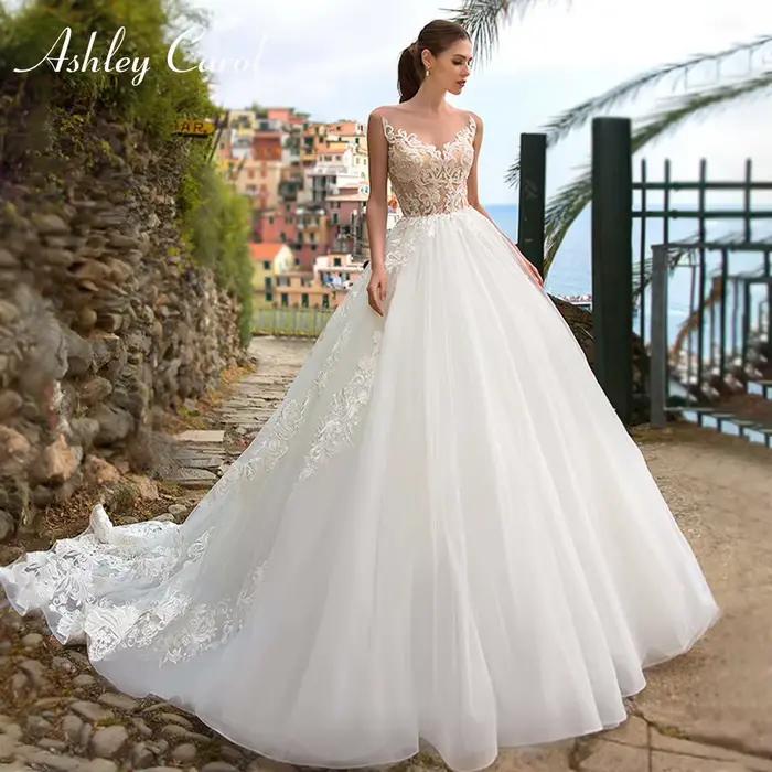 Robe de mariée Ashley Carol élégante, col en V, appliques en dentelle, sans manches, pour mariée de 