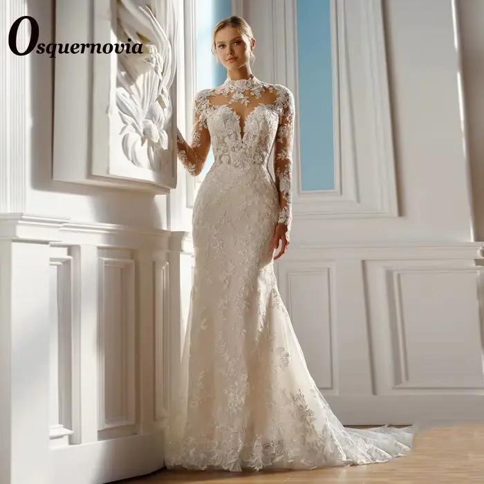 Osquernovia – robe De mariée tendance, col haut, avec des Appliques en dentelle, avec traîne Court, 