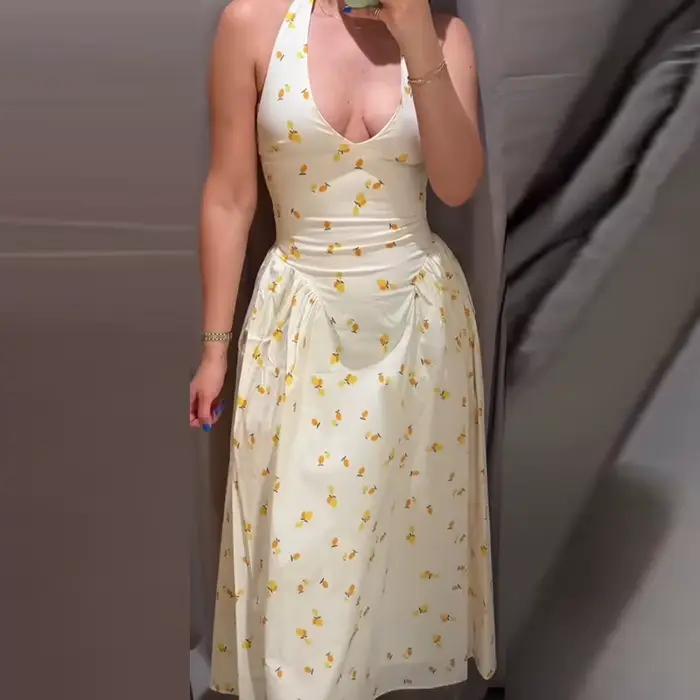 Robe longue élégante pour femme, col en V, taille smockée, poignets à volants, manches longues fluid