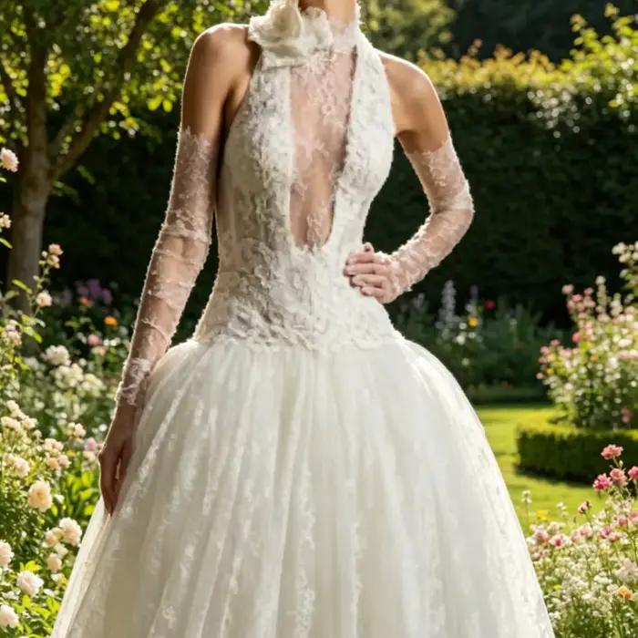 Robes de mariée de luxe à col haut sans manches en dentelle florale, robes de mariée personnalisées
