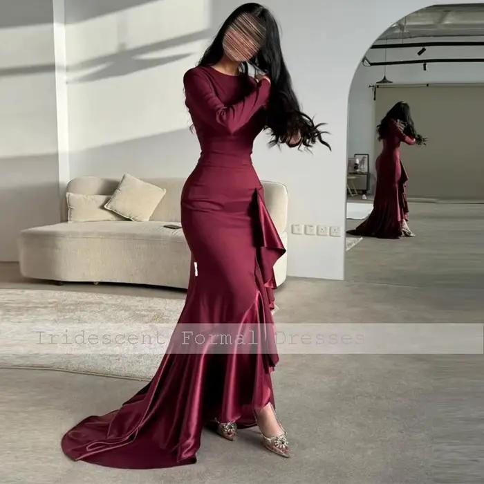 Robe de soirée manches longues col rond bordeaux robe de bal sirène avec volants longueur de planche