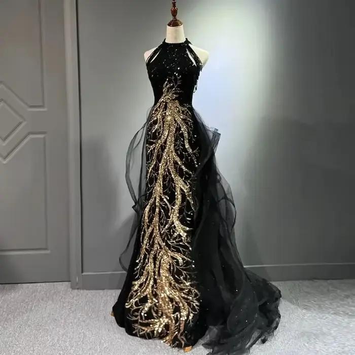 Femmes robes de soirée noir sens avancé mince tempérament célébrité hôte cou queue de poisson jupe m