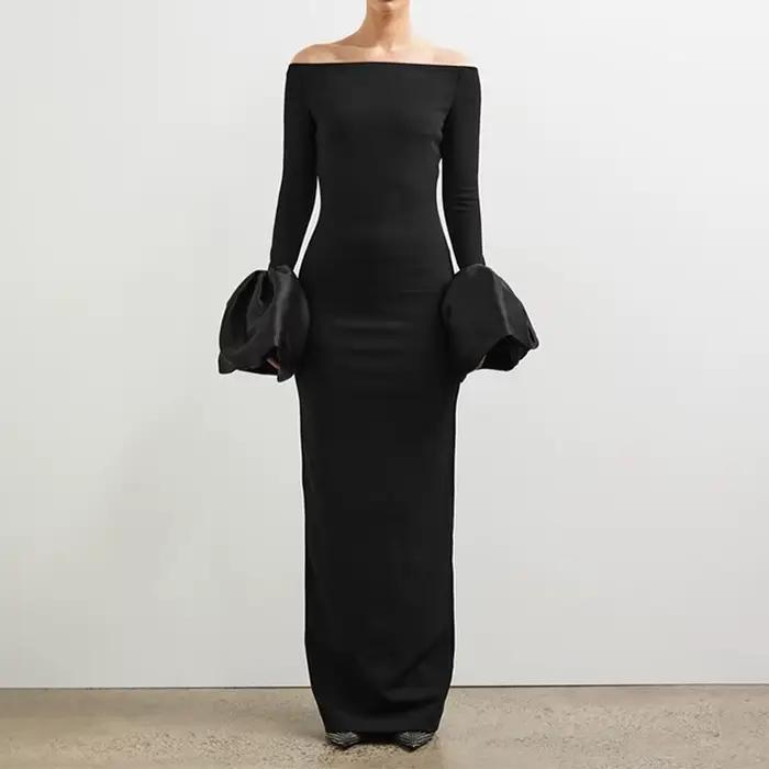 BKLD-Robe de soirée élégante pour femme, col slash, manches longues évasées, couleur unie, batterie 