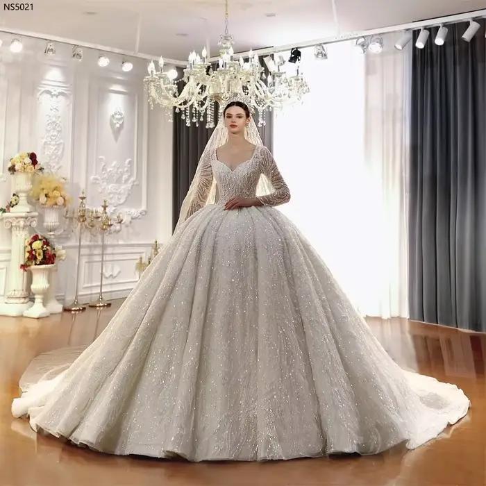 Robes de mariée de luxe personnalisées à manches longues en dentelle, neuves avec perles faites à la
