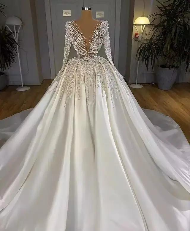 Robes de mariée en Satin avec perles, robe de bal bouffante de luxe, col en V, manches longues, arab