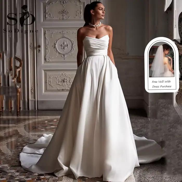 SoDigne-Robe de Mariée Trapèze Simple pour Femme, Plis en Cœur, Robe de Mariée Personnalisée, Longue