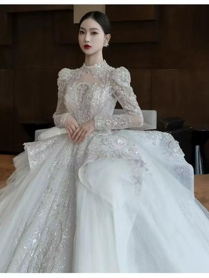 Robe de Mariée à Manches sulf, Fil Principal, Queue de Luxe Légère, Texture Française de Haute Quali