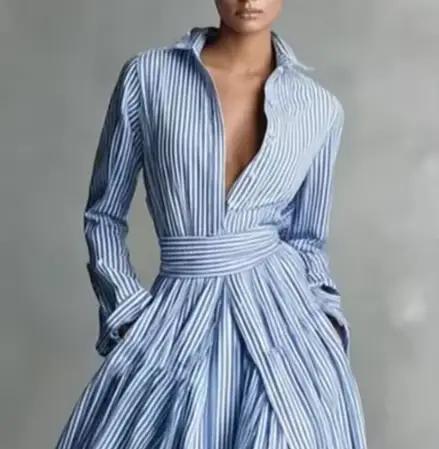Robe chemise rayée tendance pour femme, décontractée, à manches longues, col rabattu, boutonnée, ave