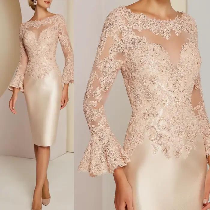 Robes classiques champagne à manches longues pour la mère de la mariée, robes de soirée personnalisé
