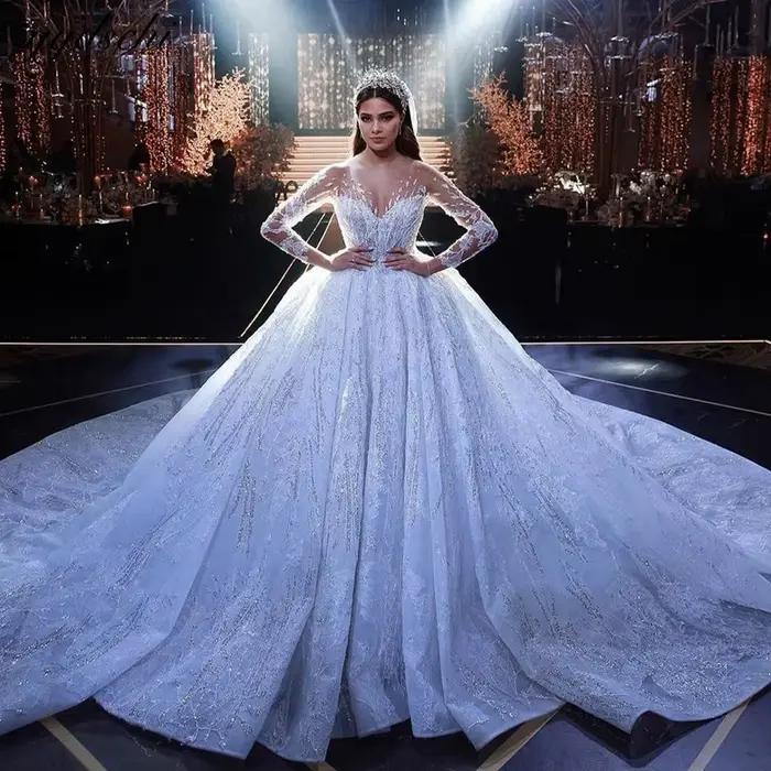 Robes de mariée perlées scintillantes de luxe personnalisées, appliques en tulle à paillettes brilla