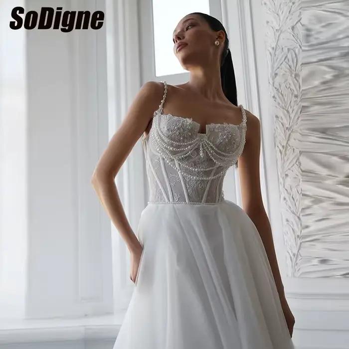 Robes de mariée SoDigne en tulle/ Dentelle coupe trapèze 2026 sans manches avec perles, Robe de mari