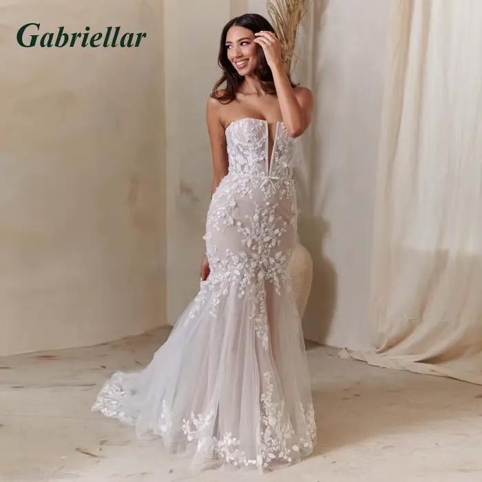 Gabriellar élégant sirène robes De mariée sans bretelles dentelle Appliques Tulle plissé balayage Tr